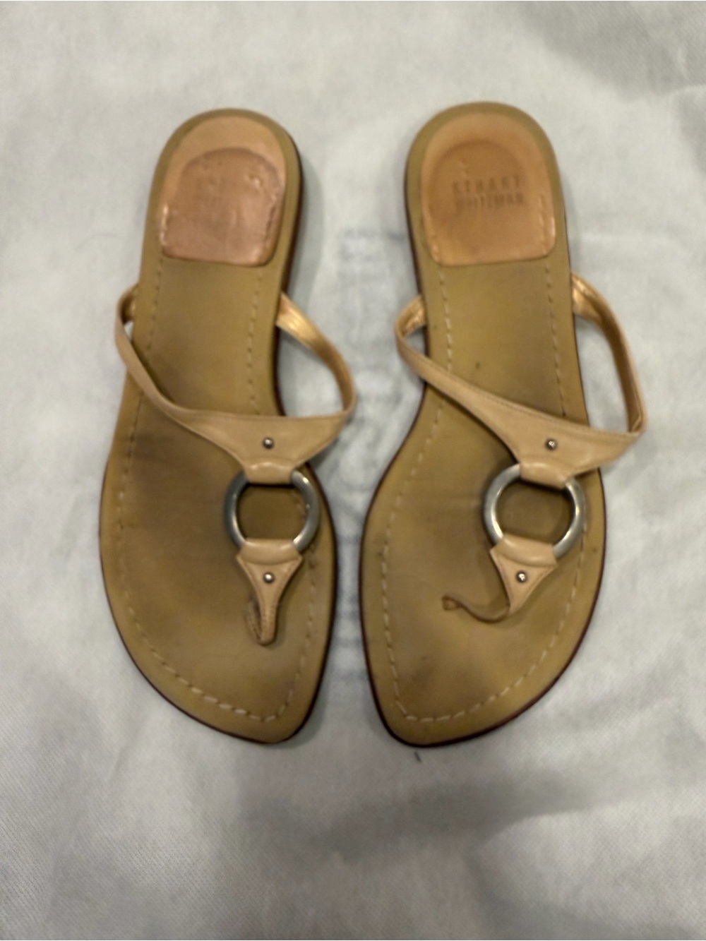 Stuart Weitzman Tan Leather Sandals with Silver Ring Accent